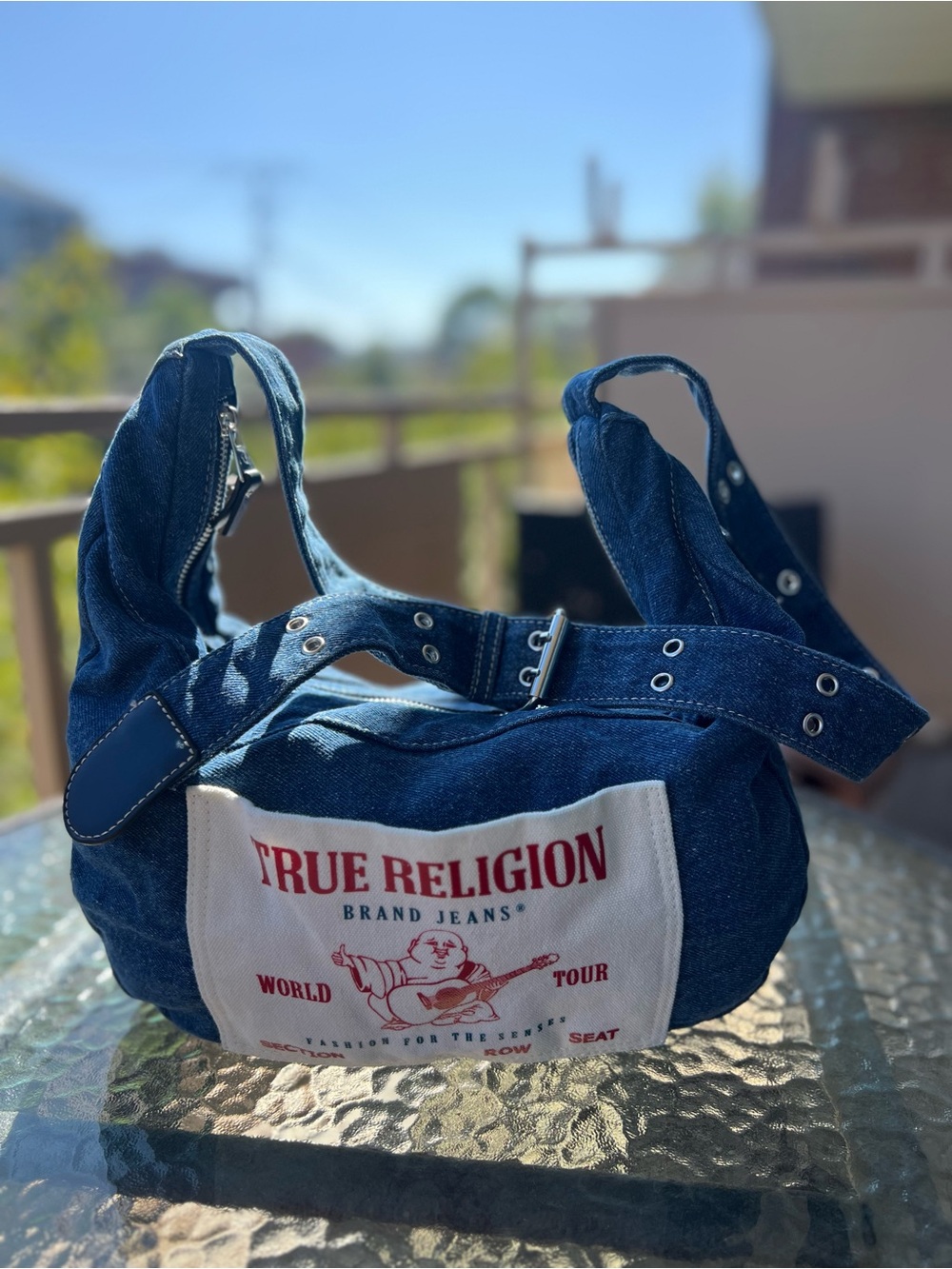 True Religion World Tour Denim Shoulder Bag Y2K Hobo Purse